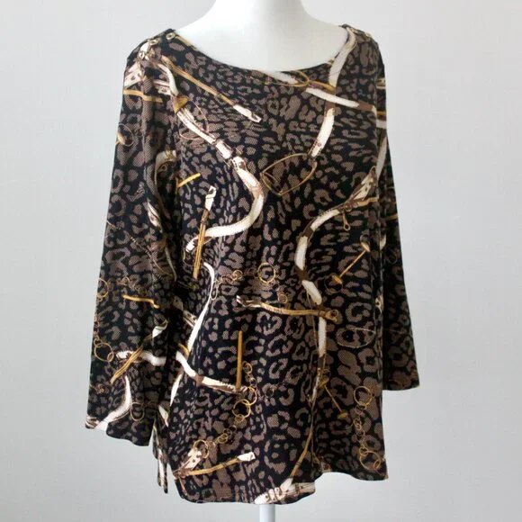 Rafaella Brown 100% Cotton Horse Stirrup Cheetah Print Blouse Large Petite - Picture 3 of 8